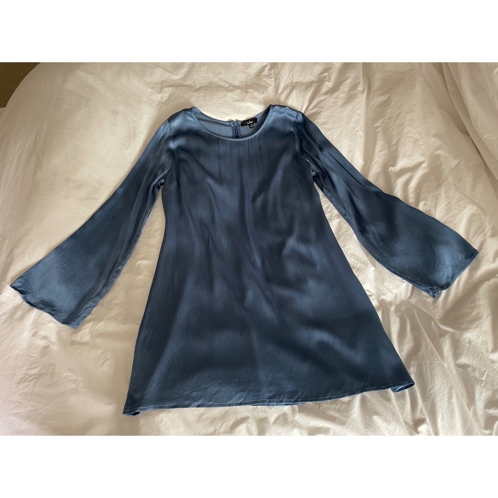 Lulus Silky Long Sleeve Shift Cocktail Mini Dress Bell Sleeve Slate Blue Boho XL